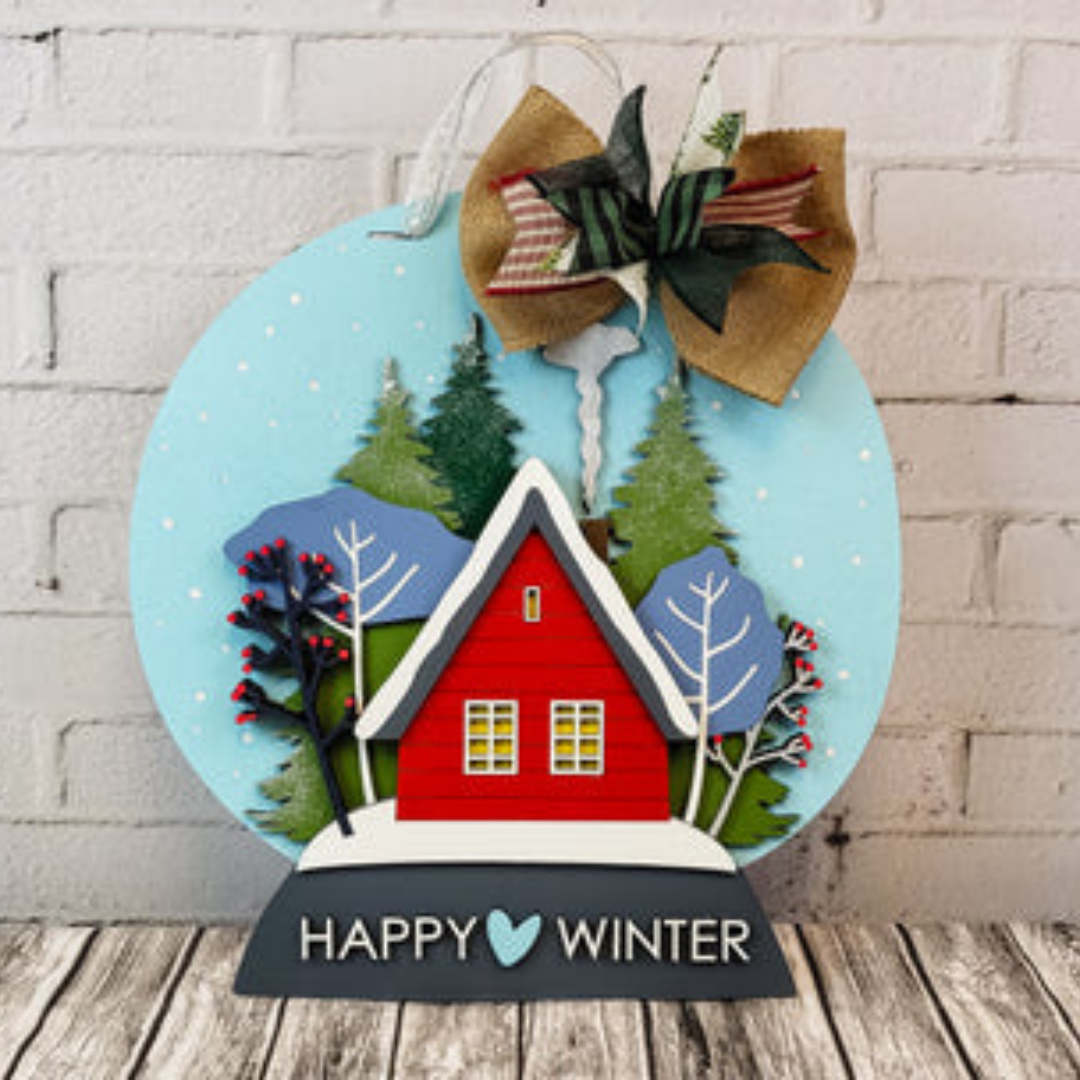"3D Snow Globe Happy Winter House" Door Hanger