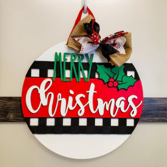 "Merry Christmas Holly Buffalo Plaid" Door Hanger