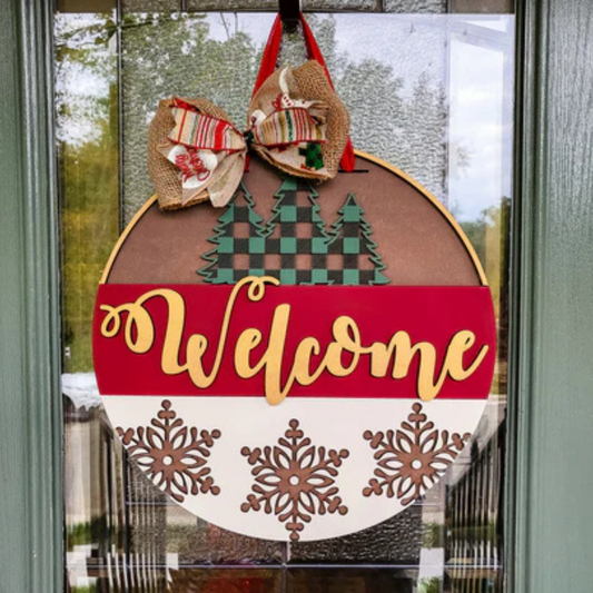 "Welcome Buffalo Plaid Pine Tree and Snowflakes" Door Hanger